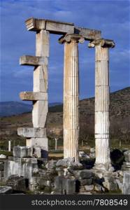Colones on ruins in Aphrodisias, Turkey
