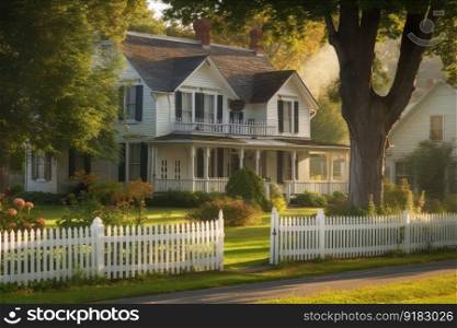 colonial-style house with wrap-around porch and picket fence in picturesque village, created with generative ai. colonial-style house with wrap-around porch and picket fence in picturesque village