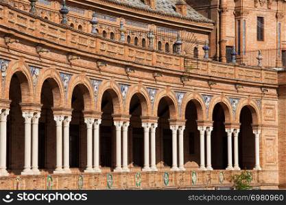 Colonnade of the Plaza de Espana pavilion in Seville, Andalusia, Spain.
