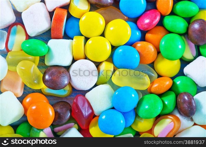 color candy in bowl and on a table