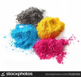 Color chalk powder cyan magenta yellow black isolated on white background. Color powder cmyk