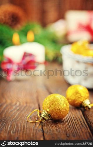 Color christmas decoration on the wooden table