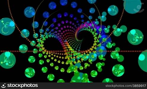 Color circles rotate on a spiral against a dark background and create harmonious composition.
