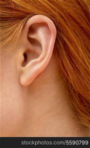 color closeup picture of redhead lady ear