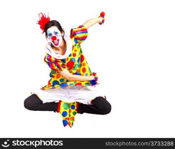 Color Clown Flies Jump Dancing into Air During Performance
