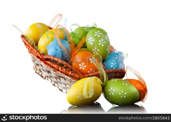 color easter eggs in basket isolated on white. top view