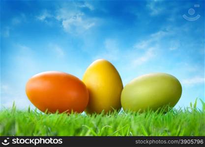 Color easter eggs in the grass against blue sky
