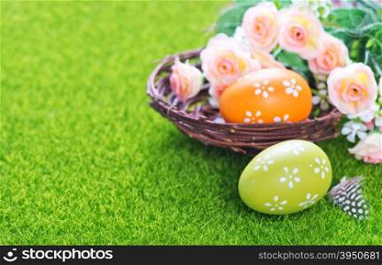 color easter eggs on a table, easter background