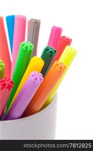 Color felt-tipped pens. Group of color felt-tipped pens in a white cup, white background, isolated
