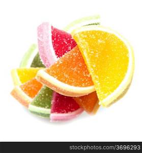 Color fruit jelly candies isolated on white background