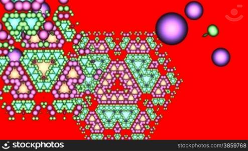 Color full-spheres on a red background are grouped in patterns. Full-spheres flicker and change color.