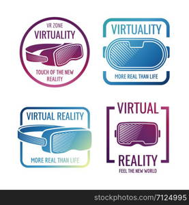 Color futuristic helmet virtual reality headset logos. Vr glasses head-mounted display vector labels. Illustration of virtual helmet, headset for vr. Color futuristic helmet virtual reality headset logos. Vr glasses head-mounted display vector labels