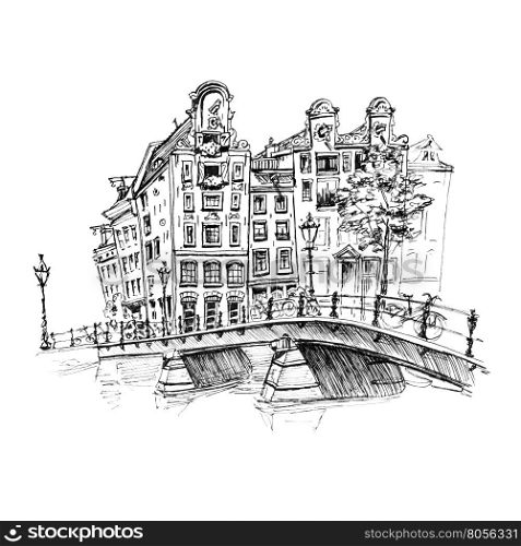 Color hand drawing, city view of Amsterdam typical houses and bridge, Holland, Netherlands. Picture made liner