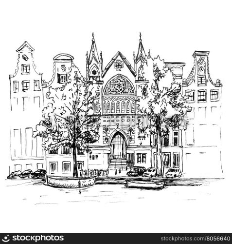 Color hand drawing, city view of Amsterdam typical houses, canal and church, Holland, Netherlands. Picture made markers