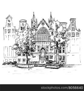 Color hand drawing, city view of Amsterdam typical houses, canal and church, Holland, Netherlands. Picture made markers