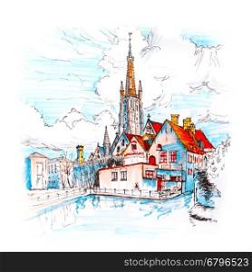 Color hand drawing, picturesque city landscape with a lake, Old St. John's Hospital and the Church of Our Lady in Bruges, Belgium. Picture made liner and markers