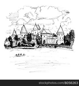 Color hand drawing, Trakai Island Castle or Traku pilis in summer day near Vilnius, Lithuania. Picture made liner