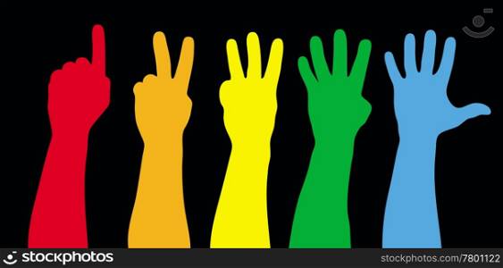 Color hands counting on black. Vector illustration. Separate layers.. Vector hands counting