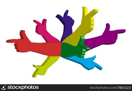 Color hands pointing in different directions. Symbol. . Color pointing hands