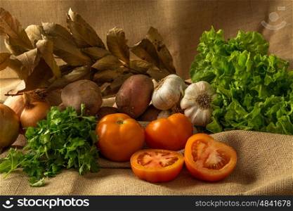 color harmony of different vegetables disposed on a table with brown cloth, tomatoes, onions, potatoes, lettuce, bay leaf and parsley.