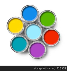 Color paint tin cans opened top view isolated on white. Color paint tin cans top