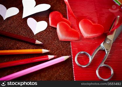 color paper hearts and scissors, selective focus