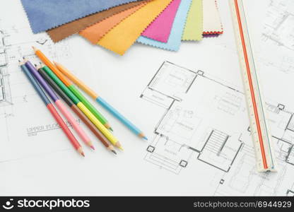 Color pencil, scale and sample of fabric on Architectural drawing paper