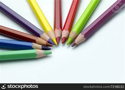 Color pencil with copy space isolated on whtie background,education frame concept.. Colored pencils on a white background.