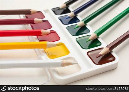 color pencils and watercolor paints