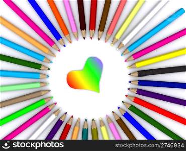 color pencils around heart. 3D