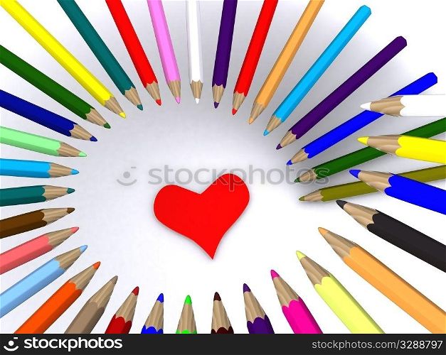 color pencils around heart. 3D
