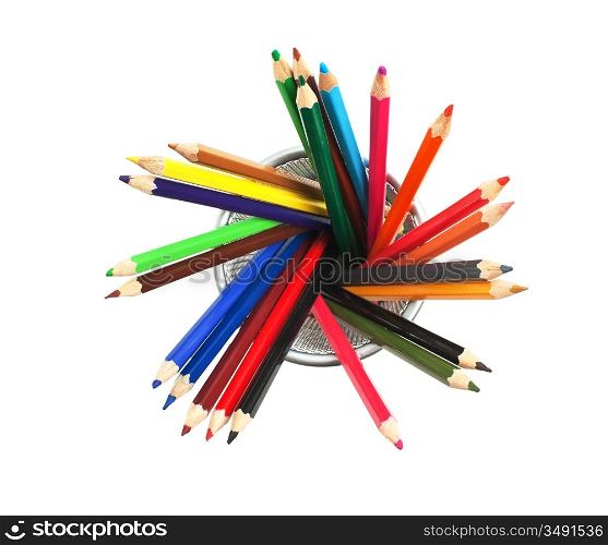 color pencils in basket isolated on a white background