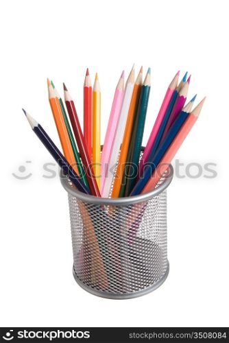 color pencils in basket isolated on a white background