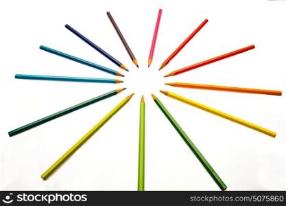 color pencils of different colors making a color wheel on white background