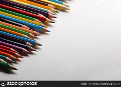 Color pencils set, row wooden color pencils isolated on white background. colored pencils for drawing. copy space.. Color pencils set, row wooden color pencils isolated on white background. colored pencils for drawing. copy space