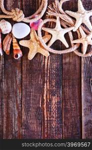 color sea shells and starfish, summer background