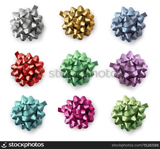 Color selection of curly gift wrap bows with soft drop shadow, on white background isolated