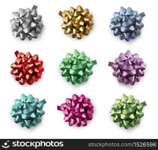 Color selection of curly gift wrap bows with soft drop shadow, on white background isolated