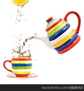 color teapot with cup and lemon isolated on white