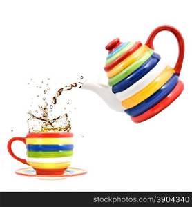 color teapot with cup and splash of tea isolated on white
