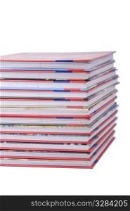 color tower books on white background arranged in stack