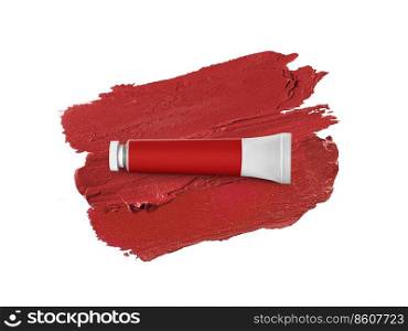 Color tube on red brush stroke isolated over white background