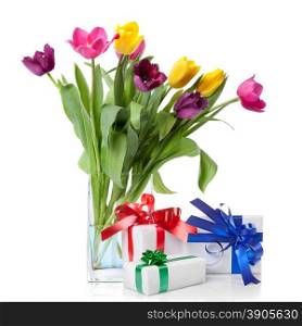 Color tulips and presents isolated on white