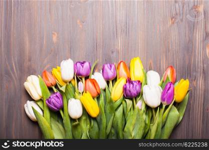 Color tulips on the rustic gray wooden board. Spring concept with copy space. Color tulips on the board