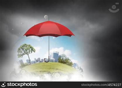 Color umbrella in sky. Conceptual image with color umbrella in sky under rain