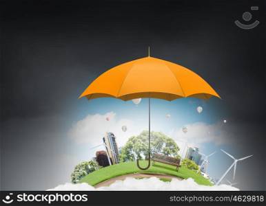Color umbrella in sky. Conceptual image with color umbrella in sky under rain