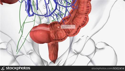 Colorectal cancer  CRC  is a common colon or rectal cancer that affects many patients over middle age. 3D rendering. Colorectal cancer  CRC  is a common colon or rectal cancer that affects many patients over middle age.