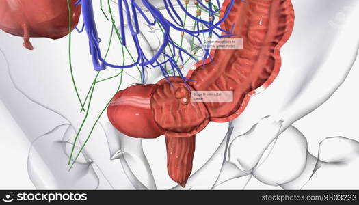 Colorectal cancer  CRC  is a common colon or rectal cancer that affects many patients over middle age. 3D rendering. Colorectal cancer  CRC  is a common colon or rectal cancer that affects many patients over middle age.