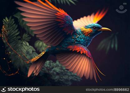 Colored abstract bird of paradise on a black background. Image created with Generative AI technology