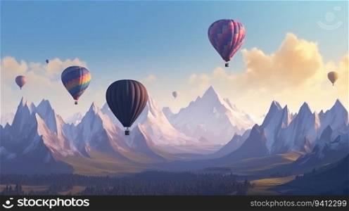 Colored balloons fly in the clouds in the sun over the mountains, hills. Header banner mockup with copy space. AI generated.. Colored balloons fly in the clouds in the sun over the mountains, hills. AI generated.